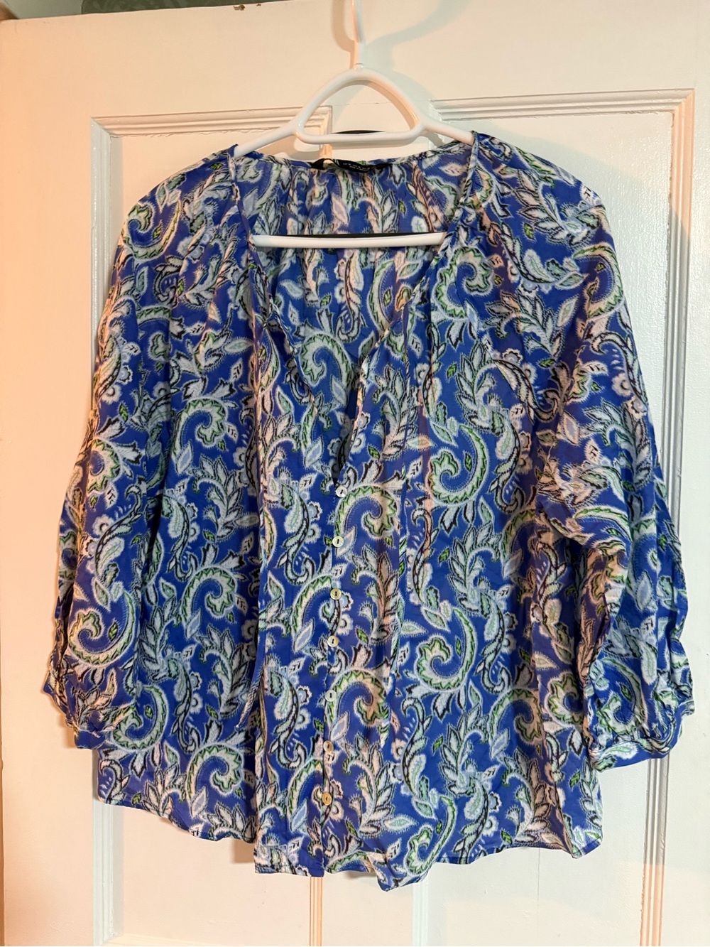 Zara Blue Paisley Button-Up Blouse with Green Accents - Picture 1 of 2